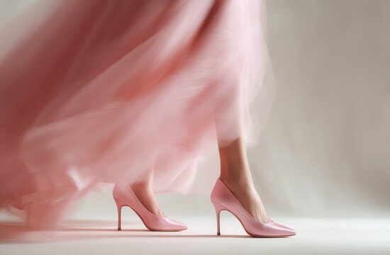 A blurry shot of a person in a pink dress & heels. The legs are in focus as she strides. Light background