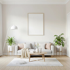 Cozy Bright Living Room Interior with White Sofa, Wooden Coffee Table, Plant, Floor Lamp, Blanket, Rug, Vase, and Wall Art, in a Bright Studio.