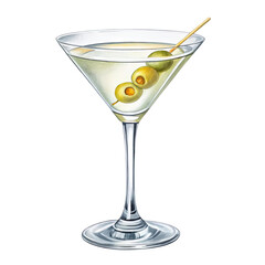 Classic dry martini cocktail with green olives on a skewer in a chilled glass isolated on transparent background