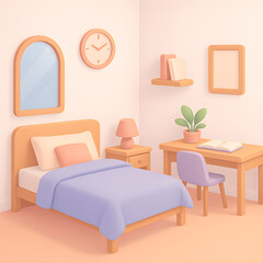 Cozy Minimalist Pastel Bedroom Interior Illustration with Desk