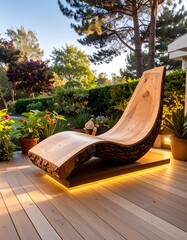 Wooden chaise lounge outdoors at sunset