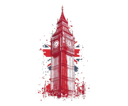 A stylized graphic of the Elizabeth Tower (Big Ben) with a Union Jack design