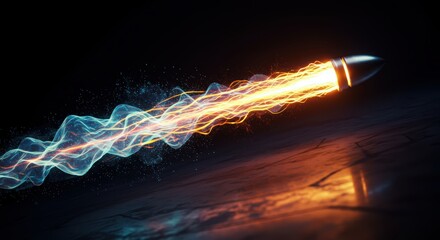A glowing bullet streaks across a dark surface, leaving a vibrant trail of energy composed of bright orange flames and electric blue plasma in its wake.