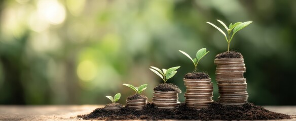 The growth of plants from stacks of coins representing financial investment.