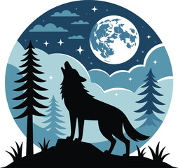 Mystical wolf howling at full moon in dark forest night for nature lovers and animal enthusiasts