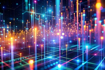 Abstract digital network with glowing neon lines and particles, representing data flow and connectivity in a vibrant cyberspace
