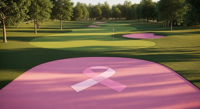 Golf Course with Pink Ribbon Symbolizing Breast Cancer Awareness - Powered by Adobe