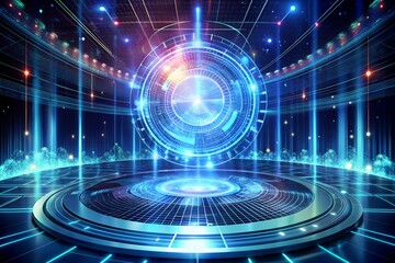 Futuristic holographic interface with glowing blue digital data streams and intricate geometric patterns in a modern arena