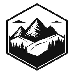 Hexagon Framed Mountain Scene – Clean Silhouette Art