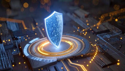 A glowing blue digital shield hovers protectively over a complex circuit board, illustrating cybersecurity and data protection in a high tech environment.