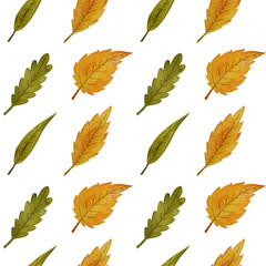 Obraz premium Watercolor yellow and green leaves seamless pattern. Various stylized leaves on white background.