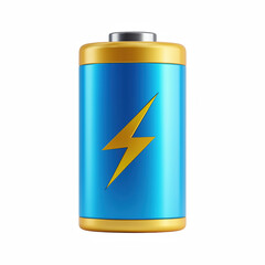cute 3D cartoon render blue battery with yellow lightning bolt symbol isolated on transparent background