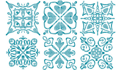 Six Blue Watercolor Tile Patterns on Transparent Background