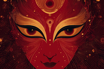  Abstract line art of Goddess Durga in red and gold with text space.
