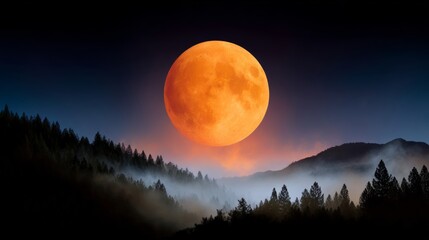 Large red moon is in the sky above a forest
