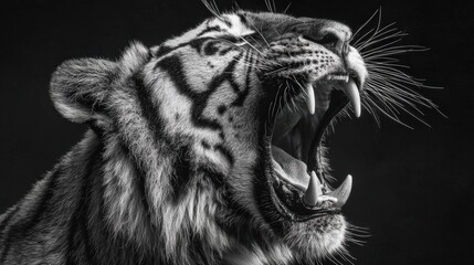 Obraz premium Close-up of a majestic roa tiger showing fierce expression, detailed fur, prominent teeth and whiskers in black and white photography