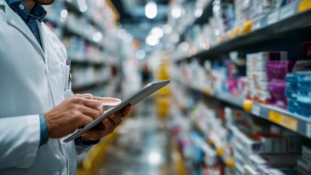 Pharmacist verifying electronic prescriptions with smart tablet focused figure amid softly blurred pharmacy shelves emphasizing automation and accuracy in 202526 medical services.