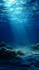 Fototapeta premium Sunlight rays streaming through deep blue ocean waters, illuminating the underwater scene with ethereal beams and subtle bubbles