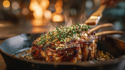 Juicy grilled lamb chop steak garnished with fresh herbs and garlic in cast iron skillet, emitting steam and rich aroma