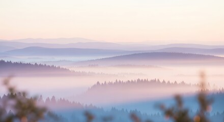 Fototapeta premium Serene Mountain Landscape at Dawn with Fog and Forest, Pastel Colors