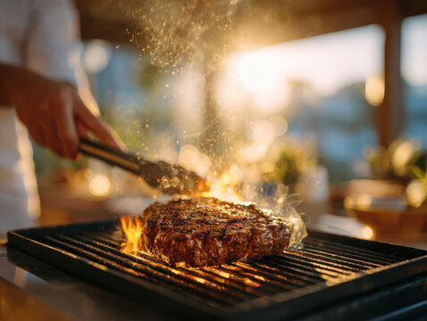 Grilled steak cooking on indoor grill with flames and smoke rising, hands holding tongs turning meat with warm sunlight in background