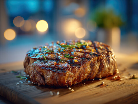 Grilled steak seasoned with herbs and spices resting on wooden board with warm bokeh lights creating cozy atmosphere