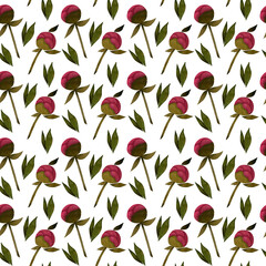 Watercolor pink peony buds seamless pattern. Delicate peony buds leaves on white background.