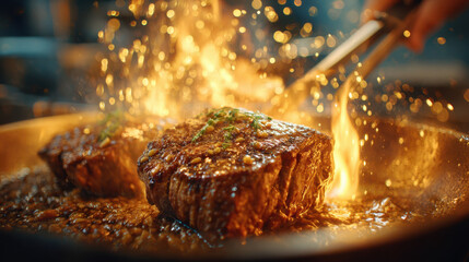 Seared steak cooking in hot pan with sizzling garlic and herbs, flames rising, creating dramatic and appetizing scene