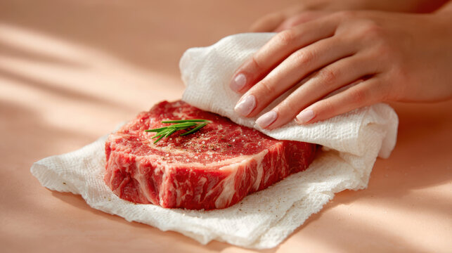 Macro view of hands gently patting steak dry with paper towel, seasoned with pepper and garnished with rosemary, preparing fresh raw meat