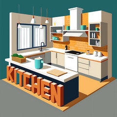 Stylish Modern Minimalist Kitchen Featuring White and Wooden Cabinets in 3D Rendering Design, Ai Generated
