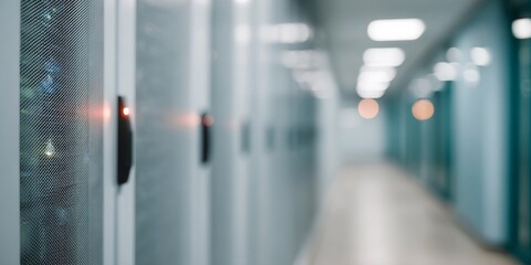 Row of computer servers with a red light on one of them