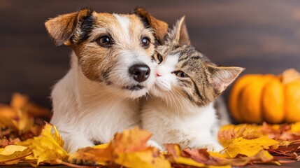 Adorable Jack Russell Terrier puppy and curious kitten cuddling together surrounded by autumn leaves and pumpkins on cozy fall background