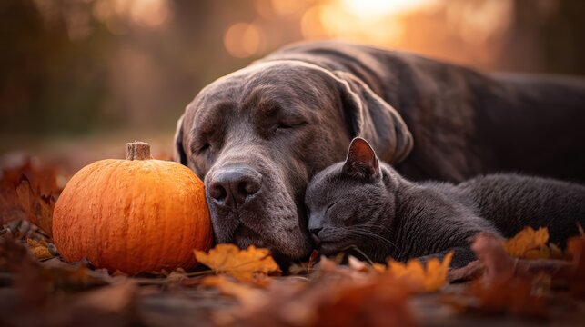 Calm dog and cat resting together outdoors on autumn leaves near pumpkin du fall season in nature scene