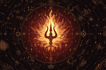 Artistic Trishul with flames and celestial elements for Navratri branding.
