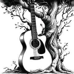 Black and white line drawing of a guitar with a tree growing out of its body, surreal minimal doodle vector style 1