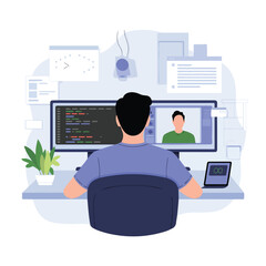 Man working from home having a video call with a colleague on computer