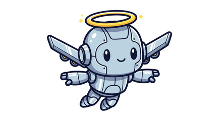 Cute Robot Angel with Halo and Mechanical Wings.