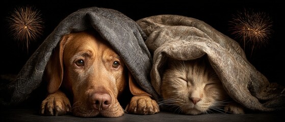 Cute dog and cat lying side by side with blankets on their heads celebrating New Year with fireworks black background