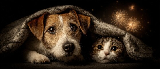 Naklejka na ściany i meble Adorable puppy and kitten hiding under cozy blanket with warm glowing light and fireworks background, cute animals, home pets, friendship