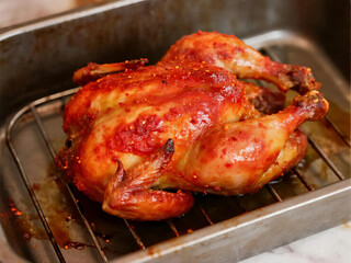Naklejka premium Savory whole roasted chicken with a vibrant red chili and garlic glaze, fresh from the oven in a metal roasting pan