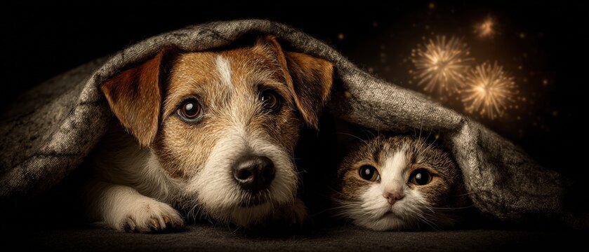 Adorable puppy and kitten hiding under cozy blanket with warm glowing light and fireworks background, cute animals, home pets, friendship - Powered by Adobe