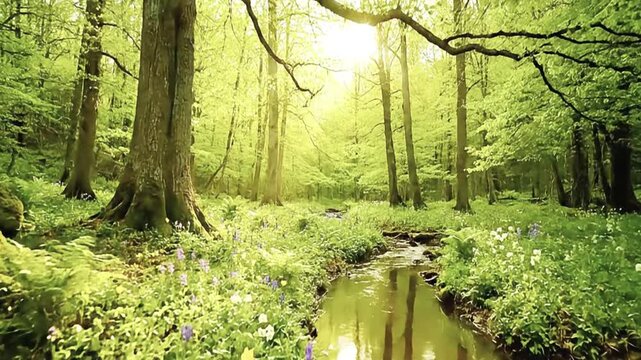 Cinematic Spring Forest Journey: Ultra-Realistic Sunlit Woodland with Blooming Wildflowers and Serene Stream in 4K