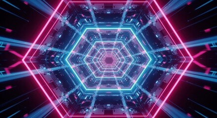Hypnotic hexagonal neon tunnel with futuristic sci fi geometric patterns and vibrant blue pink lights