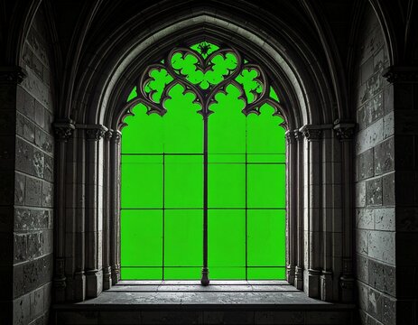 Gothic Arch Window with Green Screen Background.