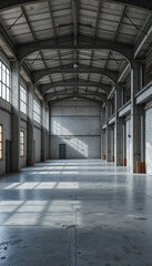 Spacious, empty industrial warehouse with high ceilings and large windows casting shadows on concrete floor, creating serene atmosphere. architecture is modern and minimalistic