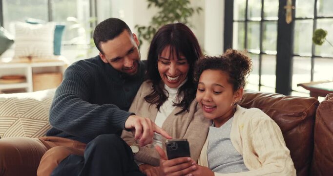 Phone, parents and child in family home for funny meme, bonding or talking. Mother, father and girl in living room with mobile for video on internet, comedy cartoon and laughing with daughter