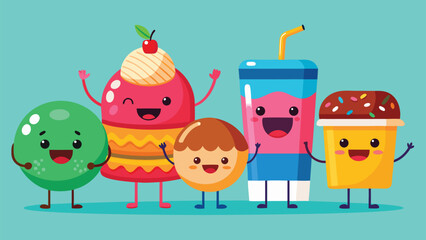A colorful cartoon group of soda cans and donuts, showcasing a fun and playful assortment of snacks..eps