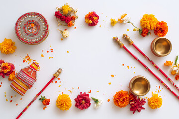Flat lay of traditional Navratri items with copy space on white background.
