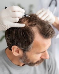 Fototapeta premium A Young Man Seated In A Hair Clinic Consultation Room, Clean Sterile Background, With A Dermatologist In White Gloves Pointing At His Scalp With A Pen. The Man’S Cr