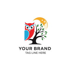 Cute Owl on Tree and moon Logo Design Illustration
